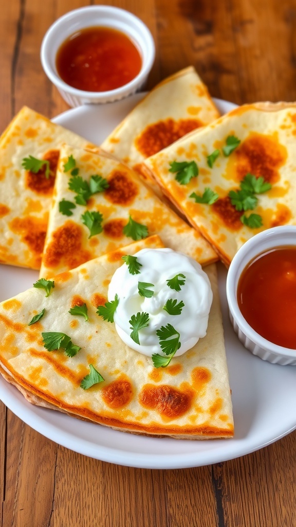 Golden-brown quesadilla wedges filled with cheese, served with sour cream and salsa on a rustic table.